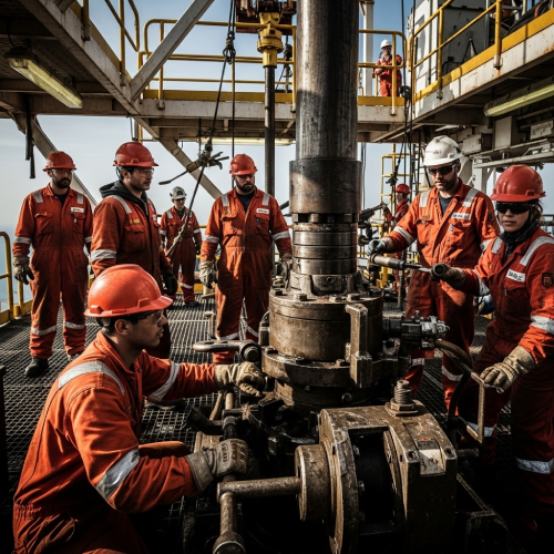 Image of oil rig workers discussing future workforce trends