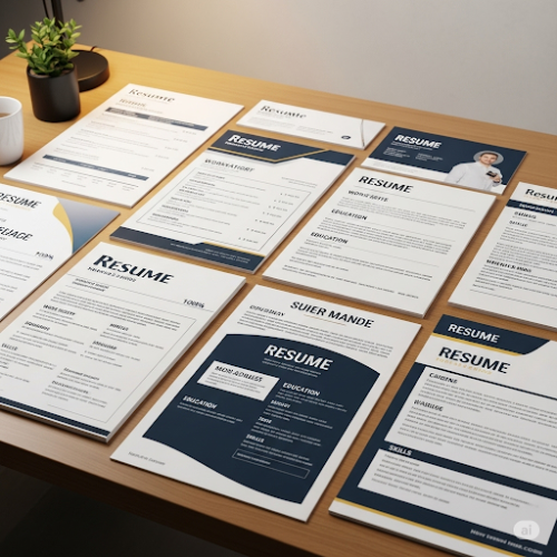 Image of a resume on a desk with a pen and laptop